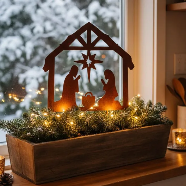 Famanu Tuinsteker voor kerststal, winterdecoratie van edelroest, metaal, ideaal voor kerstversiering in de tuin Zwart