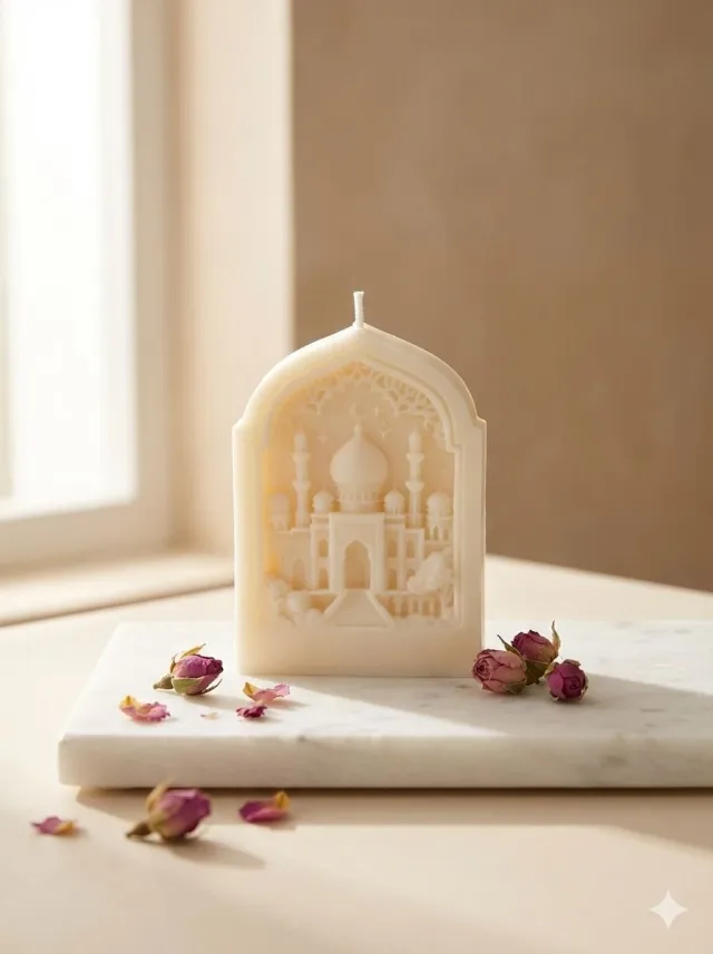 Lumen and Lux Candles Ramadan - Handgemaakte Reliëfkaars - Moskee Poort met Maan / Sfeervolle Decoratie crème / Ivoor