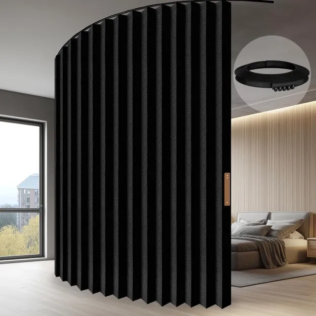 Famanu Ruimteverdeler gordijn met rails, 100% volledige bescherming, uniek accordeon-design, voor slaapkamer en bergruimte, zwart, H 213 x B 457 cm