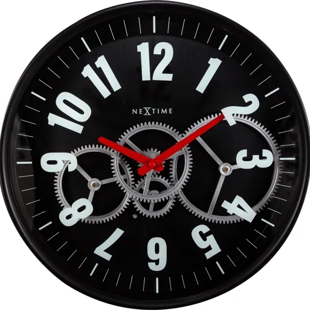 NeXtime Wandklok Nextime 36cm Gear Clock zwart metaal/glas