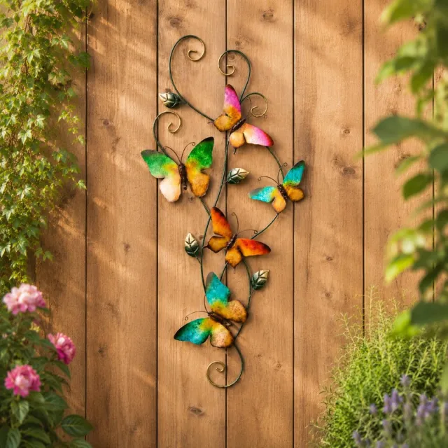 Anna's Collection Wand decoratie vlinders - gekleurd - 35 x 68 cm - metaal - muurdecoratie Blauw
