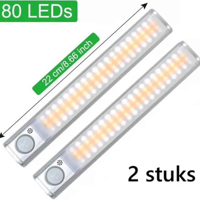 TLVX 2 stuks Led lamp met bewegingssensor en lichtsensor | Draadloos | Accu USB Oplaadbaar | LED Sensor lamp | Beweging sensor | Licht sensor | Dimbaar | Light Motion Sensor | 22 CM | 80 leds | Nacht Lamp LED | Magneet strip | Kastverlichting Warm Wit