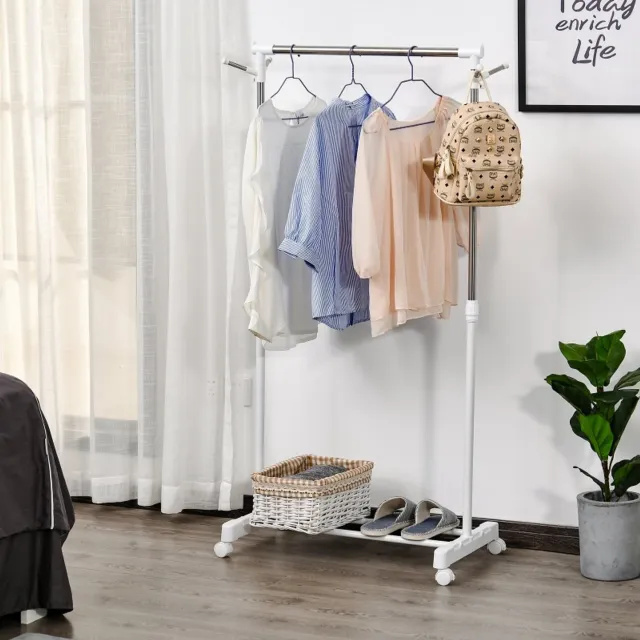 CHICFURN Kledingrek - In hoogte verstelbaar - Met onderplank en haken - Wit