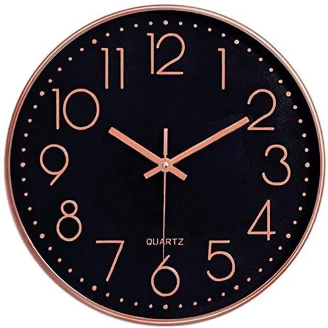 Taodyans moderne wandklok 30 cm, geen tikkend geluid, keukenwandklok, kwartsklok voor kantoor, klaslokaal, woonkamer, slaapkamer (zwart-roségoud)