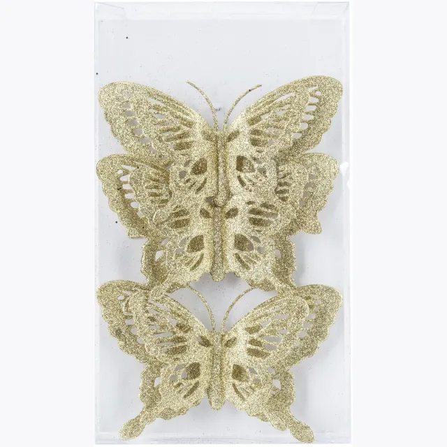 Cosy&Trendy Kerstboomversiering Vlinder - 3x stuks - 14 cm - goud glitter - op clip Goudkleurig