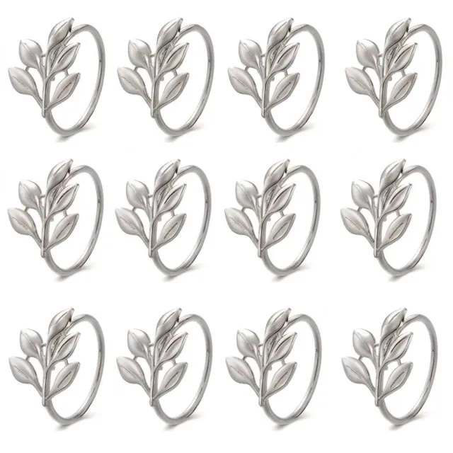 NUVEX Zilverkleurige servetringen set van 12 stuks – metalen servet ringen met decoratief blad ontwerp – ronde servethouders met tak en bladeren voor eettafel bruiloft diner feest banket en tafeldecoratie