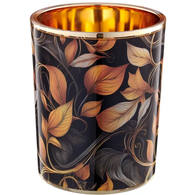 Gasper Lepuro Instyle windlicht oranje & zwart bloemmotief Ø10cm