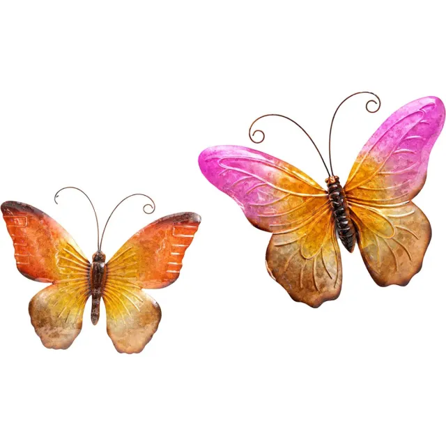 Anna's Collection Anna Collection Wanddecoratie vlinders - 2x - oranje/roze - 32 x 24 cm/44 x 32 - metaal - muurdecoratie/schutting - dieren beelden