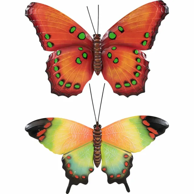Anna's Collection Tuindecoratie vlinders 2x - metaal - oranje groen - 48 x 30 cm - wanddecoratie Multi