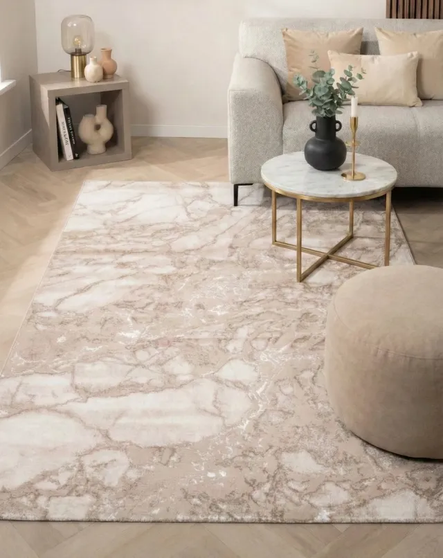 flycarpets Marble Laagpolig Marmer Vloerkleed - Beige - Luxe Tapijt - 120x170 cm