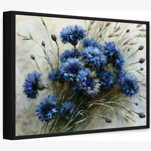 WALLARENA Canvas schilderij met zwarte lijst 40x30 cm - blauwe korenbloemen in loftstijl