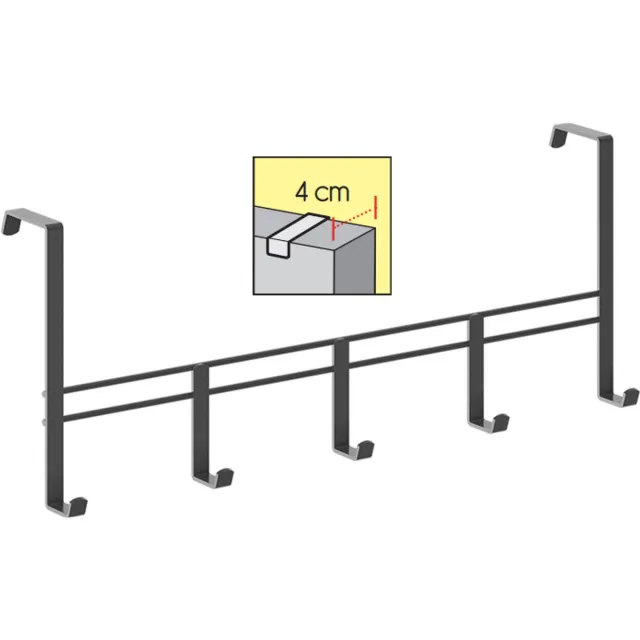Metaltex Kapstok voor stompe deur van 4 cm - Deurkapstok - Zwart - 5 haken - 38x6x15cm