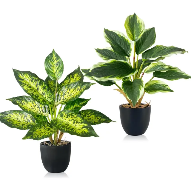 Famanu Set van 2 kunstplanten, realistische kamerplanten in pot van 37 cm, decoratieve planten voor badkamer, kantoor en keuken Zwart