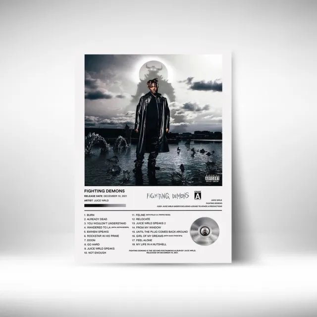 Luxe poster Juice Wrld - Fighting Demons - album cover - metalen poster - 30x40cm zwart