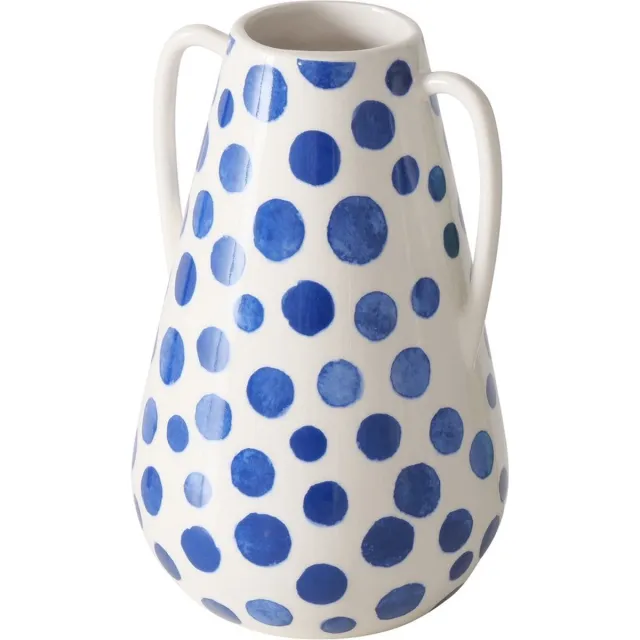 Boltze Modern vaasje wit met blauwe stippen keramiek 17 cm