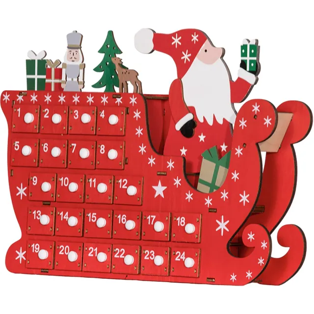 ECTEATOY Adventskalender met 24 lades –kerstman en slee – herbruikbare - 22,5 x 8 x 36 cm - rood