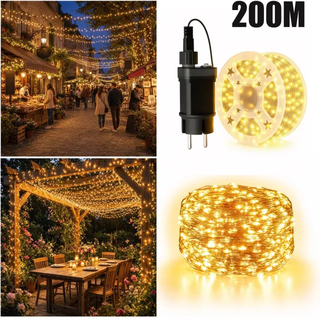 Froadp Kupferdraad Lichtenketting Warm wit 200M 2000 LED's Kerstverlichting Waterdicht Warmwit Met 8 Modi Afstandsbediening Timer IP44 Waterdicht Kerstverlichting Buiten Binnen Balkon Tuin