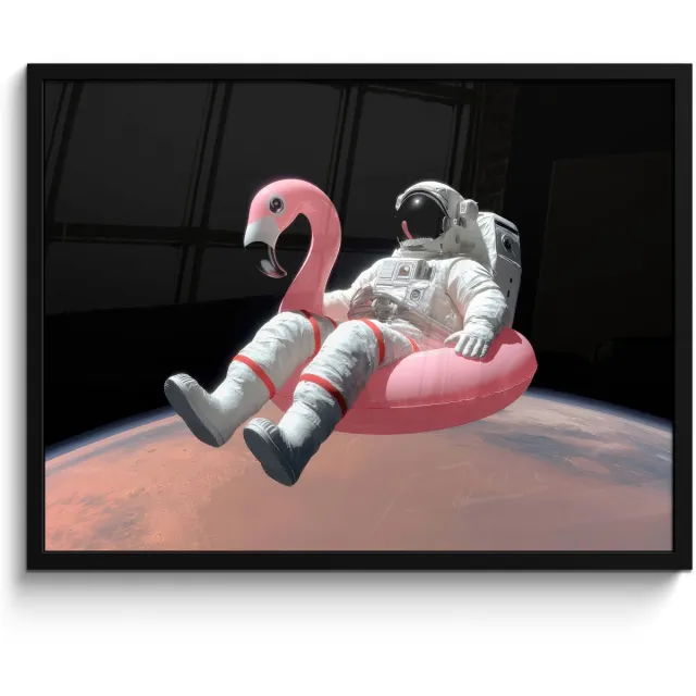 FrameYourWall Poster in lijst - Fotolijst 70x50 cm - Posters - Astronaut - Flamingo - Zwemband - Roze - Posterlijst zwart - Decoratie - Wanddecoratie woonkamer - Muurdecoratie slaapkamer