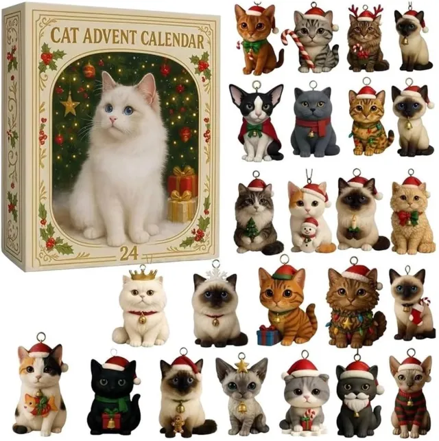 Pyreta Adventskalender 2026 voor kattenliefhebbers met 24 kattenfiguren - unieke kattenrassen, meerkleurig, aftellen naar Kerstmis, set acrylornamenten voor in huis of in de kerstboom Multicouleur