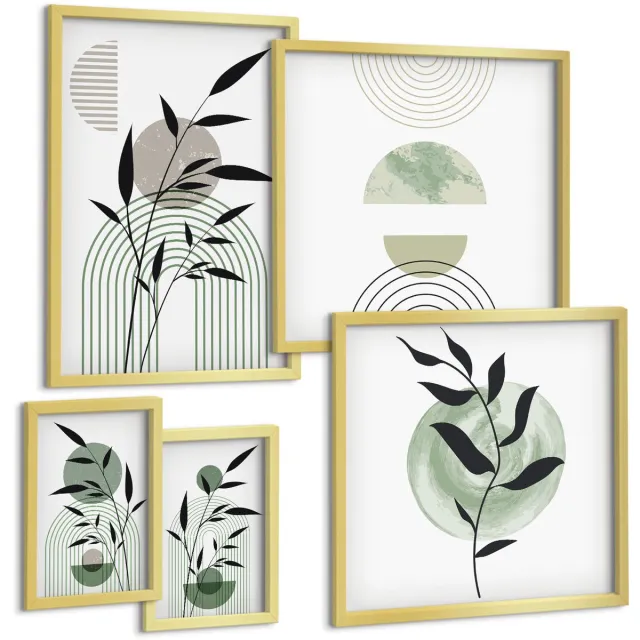 TULUP 5-Delige Schilderij Set - Stijlvolle afbeeldingen met plantmotieven en geometrische vormen. - 50 x 50 cm, 20 x 30 cm en 40 x 60 cm - Muurdecoratie - Wanddecoratie - Slaapkamer - Stijlvolle Muurdecoratie Gouden lijst