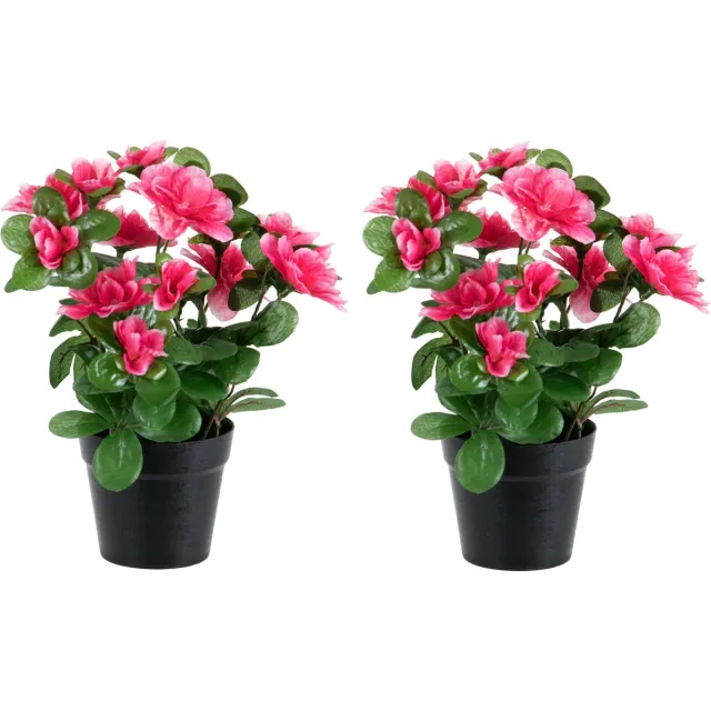 Louis Maes Azalea Kunstplant - 2x - donker roze - in binnenpot - H25 cm - kunstbloemen
