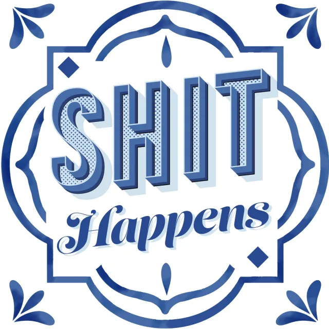 Evert Kwok Tegeltje met Tekst - Grappige spreuk - Shit Happens - WC - Muurdecoratie - met tegelezel blauw