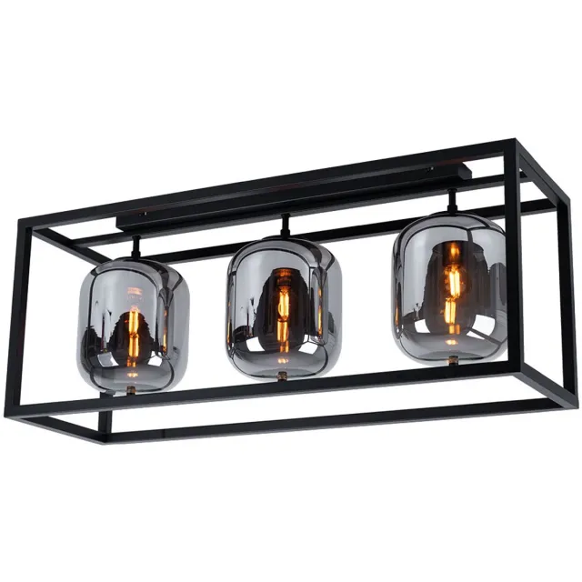 Globo Lighting Plafondlamp glazen lamp 3 vlammen glazen kap rookkleurige plafondlamp rond zwart woonkamerlamp, metaal glas, zwart, 3x E14, LxH 77x32,5 cm