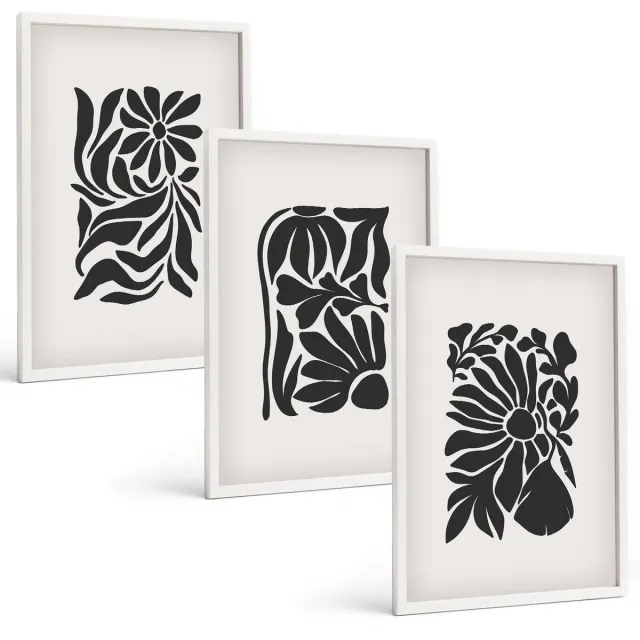 Coloray 3-Delige Schilderij Set - Abstracte Plantpatronen In Zwarttinten - 40 x 60 - Decoratieve Muurdecoratie - Slaapkamer - Woonkamer Decoratie Witte lijst