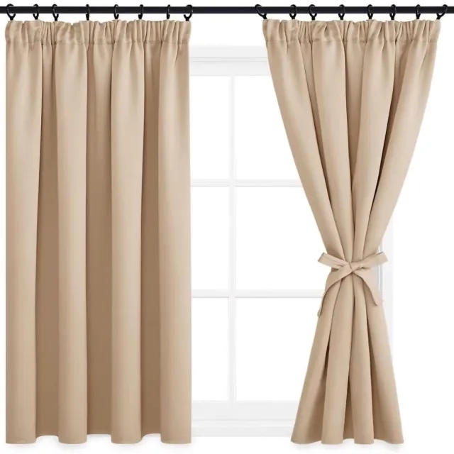 Famanu Gordijn met Plooiband - Verduisteringsgordijnen met Riemen - Kant en Klaar - 2 stuks - Warmte - isolerend Thermogordijn Gordijnen voor Slaapkamer - Woonkamer - Beige - 140 x 145 cm (Breedte x Hoogte)