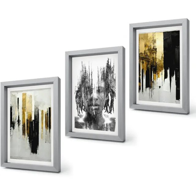 Coloray 4-Delige Schilderij Set - Contrasterende abstracties met portret en architectuur - 20 x 30 cm - Decoratieve Schilderijen - Woonkamer - Interieur - Woonkamer Decoratie Zilveren lijst