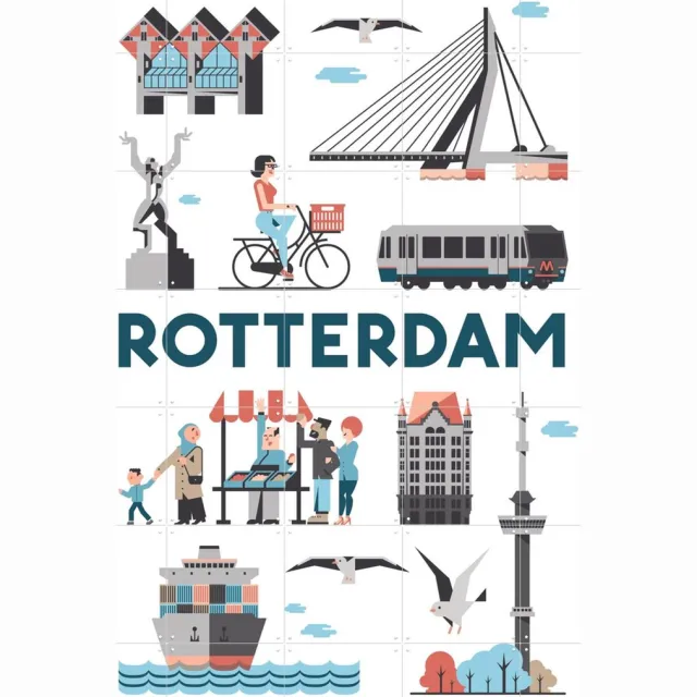 IXXI Rotterdam, Jochem Coenen & Kunst in Kaart - 100 x 140 cm - Grote wanddecoratie en posters - Illustraties, Grafisch Ontwerp, Speels, Woonkamer Blauw / Koele tinten