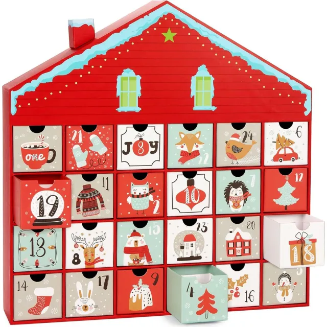 Brubaker Adventskalender om te Vullen - Kersthuis 2024 - DIY Kerstkalender met 24 Deurtjes voor Waardebonnen, Snoep en andere Verrassingen - 40,5 cm Hoog Gemaakt van Karton - Rood
