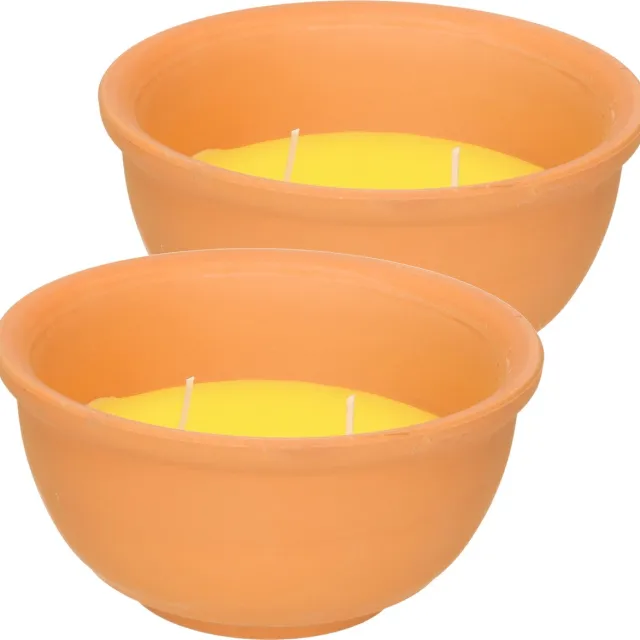 Trendoz Citronella kaars - 2x - in terracotta pot - D13 cm - citrusgeur Geel