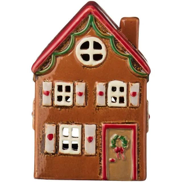 Ib Laursen Keramieken Huisje - Kerst - Bruin met Kerstkrans - Waxinelichthouder