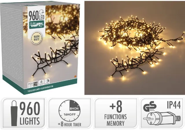 S.I.A. Treecluster Kerstboomverlichting - 960LED- Warm Wit - 1240 cm - Timer- Geheugen - 8 Lichtstanden - IP44