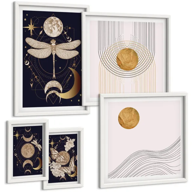 Coloray 5-Delige Schilderij Set - Stijlvolle Ruimtethema'S Met Insecten En Geometrische Patronen. - 50 x 50 cm, 20 x 30 cm En 40 x 60 cm - Wanddecoratie - Muurdecoratie - Moderne Interieurdecoratie - Interieur Decoratie Witte lijst