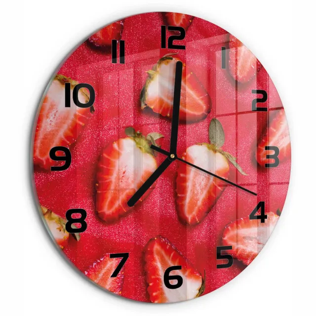 TULUP Wandklok - Gesneden aardbeien Wandklok Glas Met Motief - fi30 cm - Rood Decoratieve Glazen Klok - Zwarte handen - Ronde Klok - Gekleurde Glazen Klok - Glazen Klok Met Print