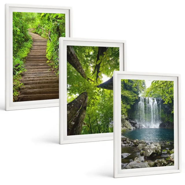 TULUP 3-Delige Schilderij Set - Bospad met waterval en groene vegetatie - 40x60 - Wanddecoratie - Moderne Interieurdecoratie Witte lijst