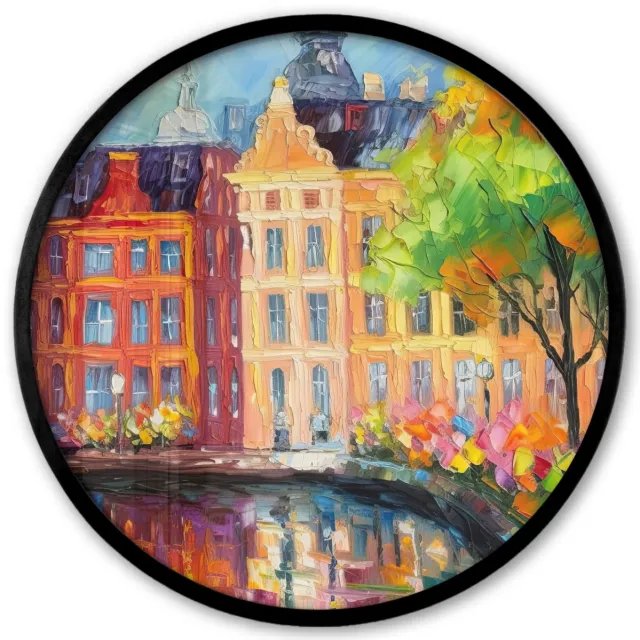 FrameYourWall Poster in lijst Rond - Fotolijst 40x40 cm - Posters - Olieverf - Amsterdam - Kunst - Kleurrijk - Ronde posterlijst zwart - Decoratie - Wanddecoratie woonkamer - Muurdecoratie slaapkamer Schilderij - Amsterdam