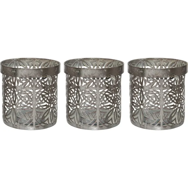 Decoris 3x stuks theelichthouders/waxinelichthouders ijzer grijs met bloemenpatroon 10 x 10 cm - Windlichtjes/kaarsenhouders