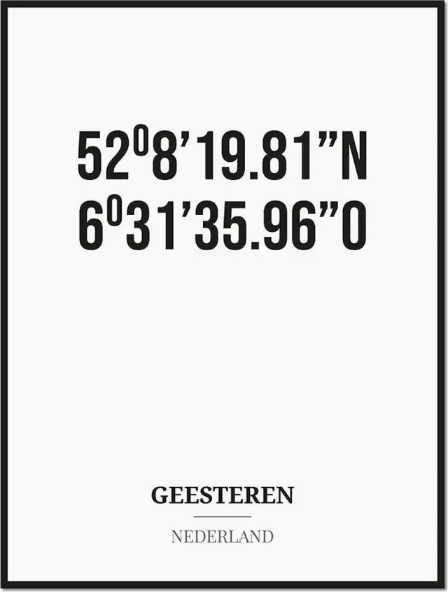 Studio216 Poster/kaart GEESTEREN met coördinaten zwart, wit
