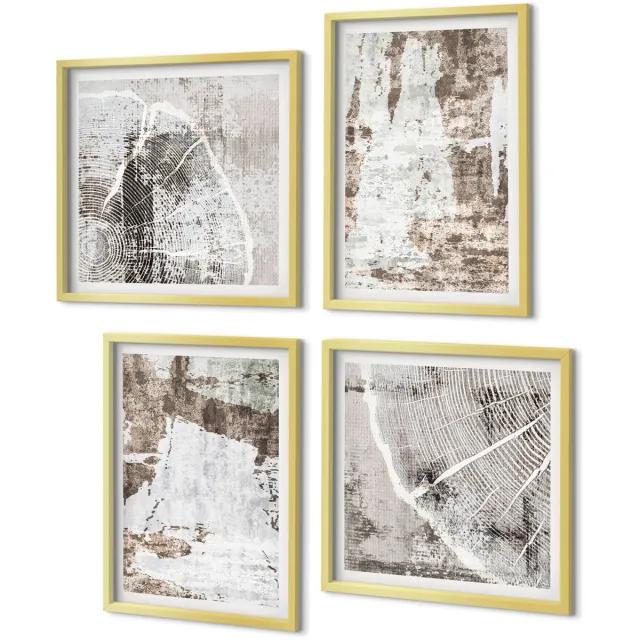 Coloray 4-Delige Schilderij Set - Abstracte patronen in tinten wit en bruin. - 40 x 40 cm en 40 x 60 cm - Wanddecoratie - Schilderijen Set - Interieur - Muurdecoratie Gouden lijst