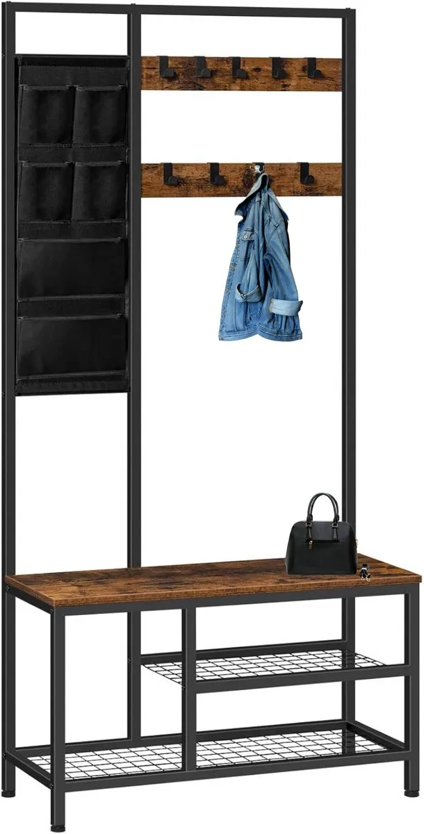Signature Home Kapstok - garderobe - Staande Kapstok - kledingrek met 6 vakken en 9 haken - schoenenrek met zitvlak - zitbank - vintage bruin-zwart - 30x80x180 cm Bruin - Zwart