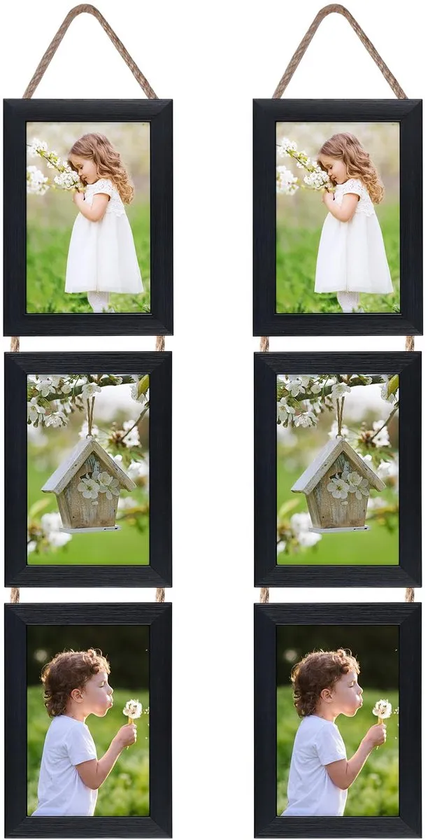 Famanu Zwarte fotolijsten van 10x15 cm, triple collage hangend set met 6 verticale moderne lijsten voor het tonen van foto's en ansichtkaarten