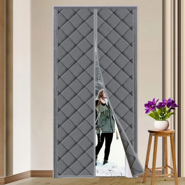 Famanu Thermisch isolerend deurgordijn met magneetsluiting voor wintergebruik, 90 x 210 cm, waterdicht en winddicht, gemaakt van dik nylon en katoen, ideaal voor het verminderen van kou en geluid in huis Grijs