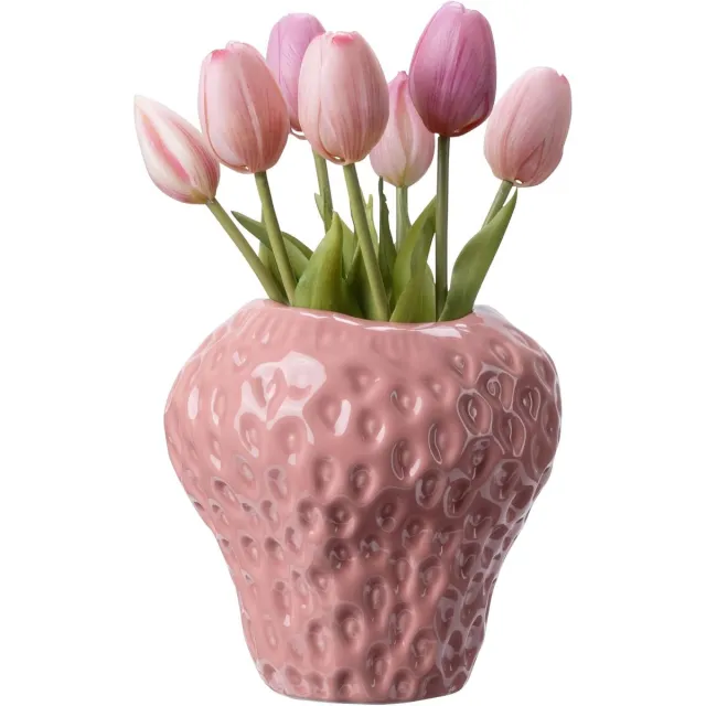 Famanu Aardbei vaas van dolomiet – Decoratieve vazen – Decoratie voor woonkamer of slaapkamer – Deco bloemenvaas in roze van hoogwaardig materiaal met elegante vorm, modern design, modern accent voor woonkamer of eettafel poederroze