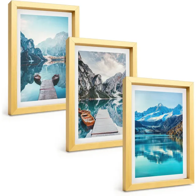 TULUP 4-Delige Schilderij Set - Bergmeren met boten en weerspiegelingen in het water. - 20 x 30 cm - Wanddecoratie - Woonkamer Decoratie Gouden lijst