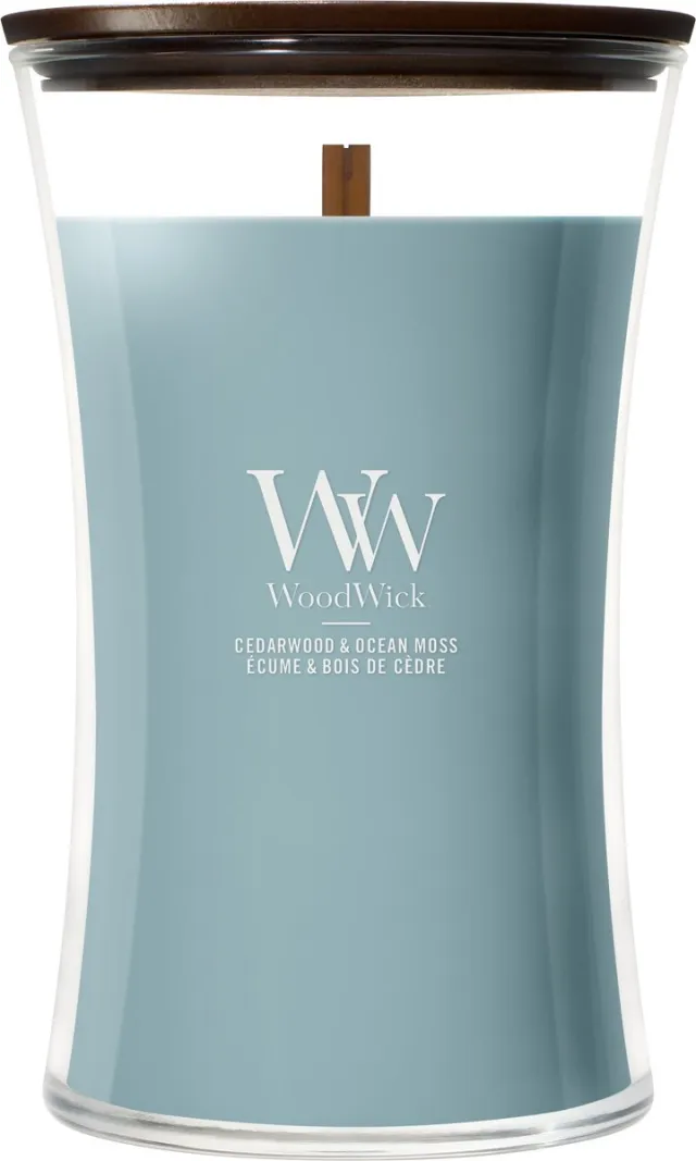 Woodwick Hourglass - Cedarwood & Ocean Moss - Large Geurkaars - 130 branduren Blauw