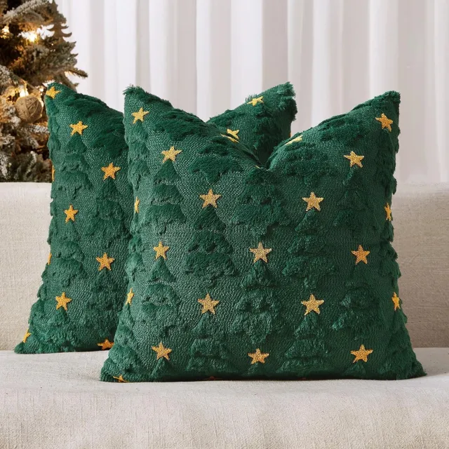 QTTVBTNA 2 Stuks Kerst Kussenhoezen 45x45 cm – Luxe Sierkussenhoezen met Kerstboompatroon – Zachte Winter Kussenhoes voor Sofa, Slaapkamer en Woonkamer – Donkergroen