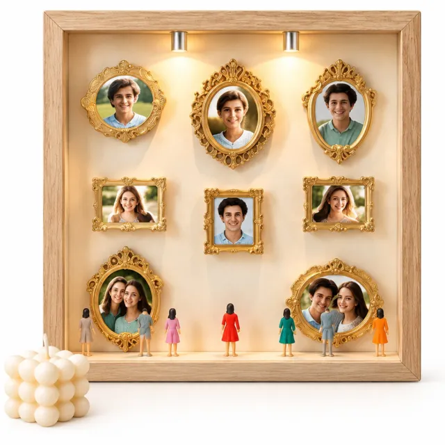 SWGOTA Zwarte MDF-presentatielijst, binnenmaat 20 x 25 cm, met 8 miniatuurlijstjes en 8 willekeurige figuurtjes, tafeldecoratie